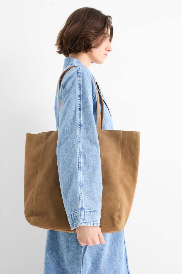 Dames - Grote suède shopper - bruin