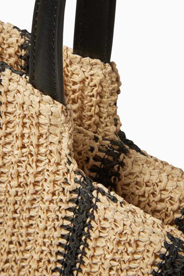 Dames - Grote shopper van stro - gestreept - zwart / beige