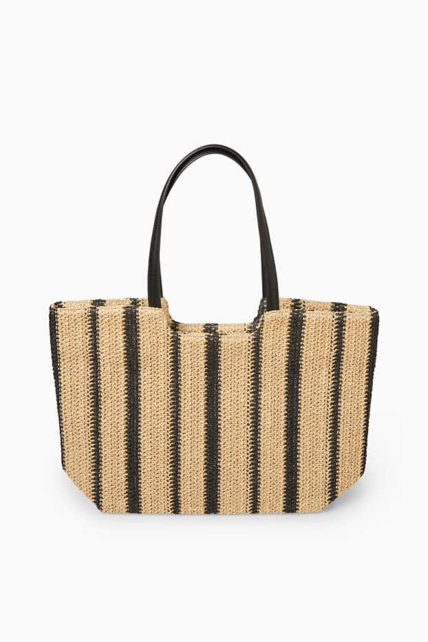 Dames - Grote shopper van stro - gestreept - zwart / beige