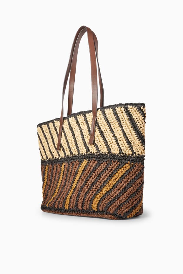 Donna - Shopper grande in paglia - righe - marrone scuro