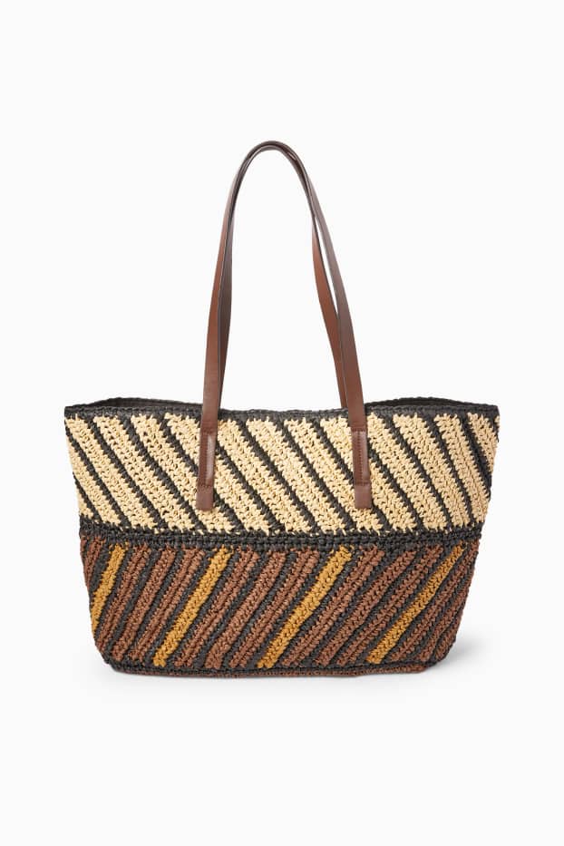 Donna - Shopper grande in paglia - righe - marrone scuro