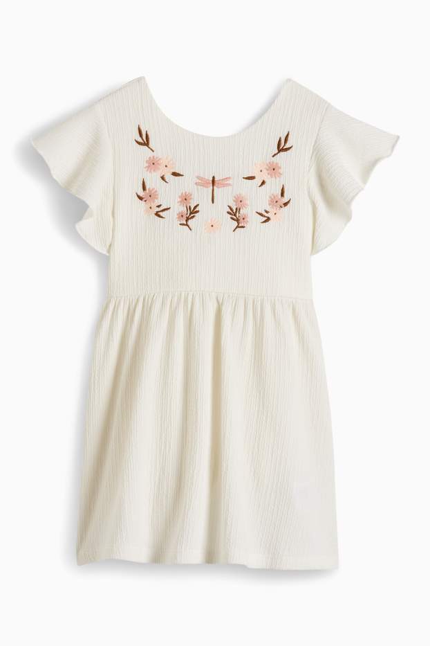 Enfants filles - Fleurs et libellule - robe - texturée - blanc crème