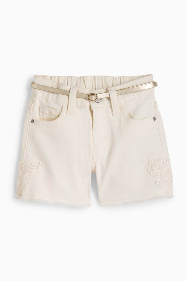 Copii - Fete - Fluture - pantaloni scurți de blugi cu curea - alb-crem