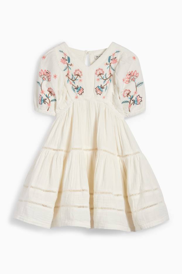 Děti - dívky - Květinové motivy - mušelínové šaty - krémově bílá