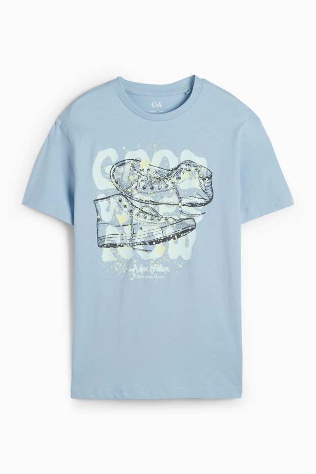 Děti - chlapci - Motiv tenisek - tričko s krátkým rukávem - světle modrá