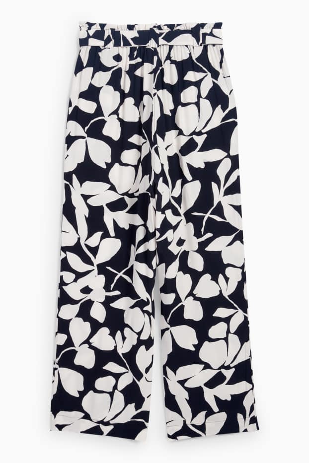 Donna - Pantaloni di stoffa - vita alta - gamba ampia - a fiori - blu scuro / bianco crema