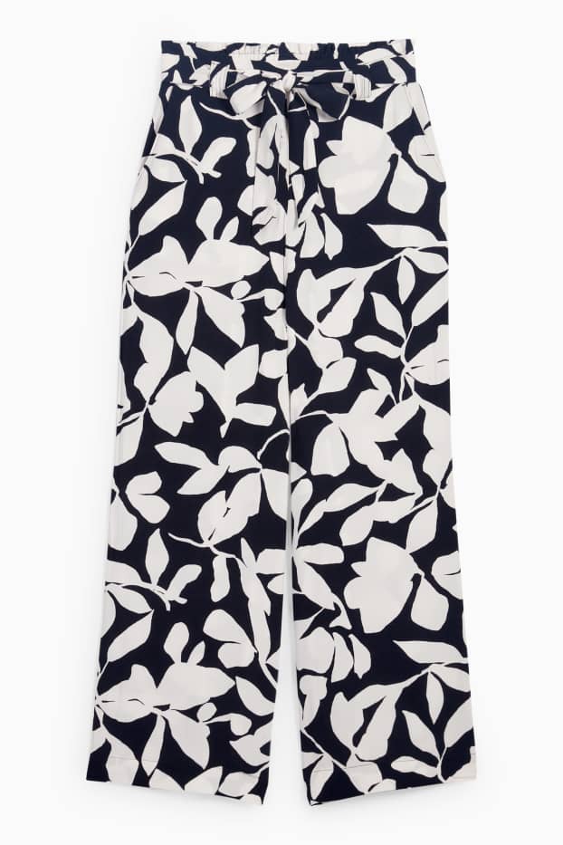Donna - Pantaloni di stoffa - vita alta - gamba ampia - a fiori - blu scuro / bianco crema