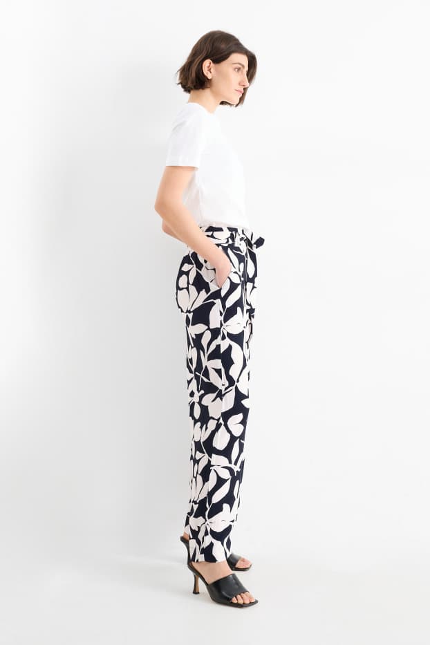 Donna - Pantaloni di stoffa - vita alta - gamba ampia - a fiori - blu scuro / bianco crema