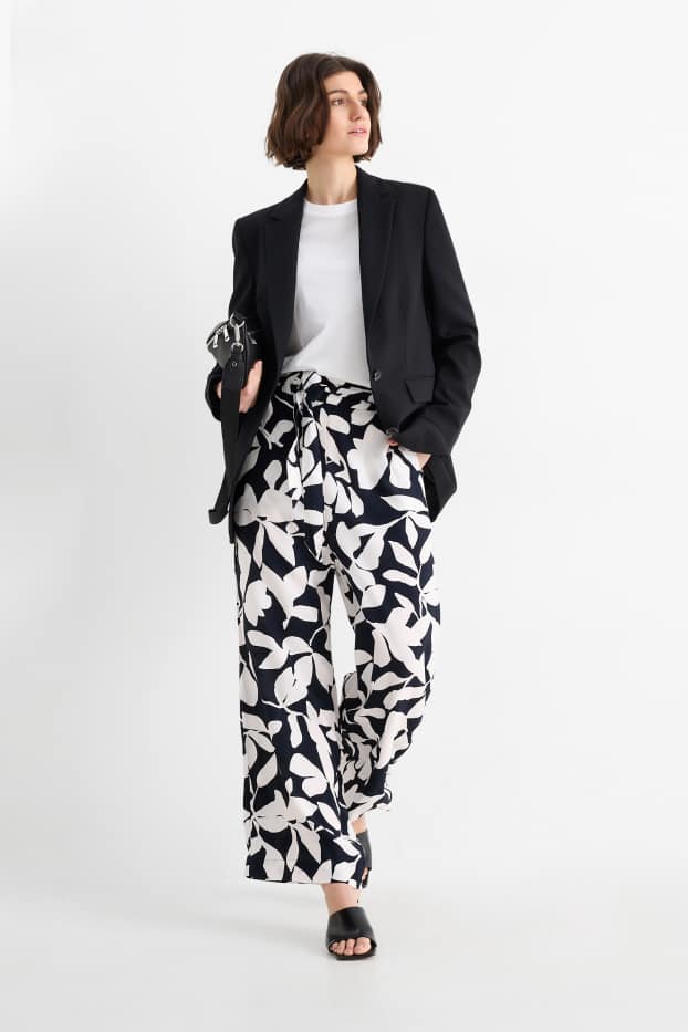 Donna - Pantaloni di stoffa - vita alta - gamba ampia - a fiori - blu scuro / bianco crema