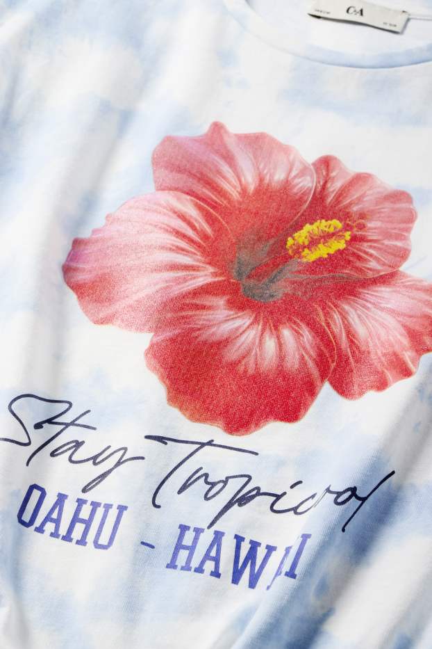 Kinder Mädchen - Blume - Kurzarmshirt mit Knotendetail - gemustert - hellblau