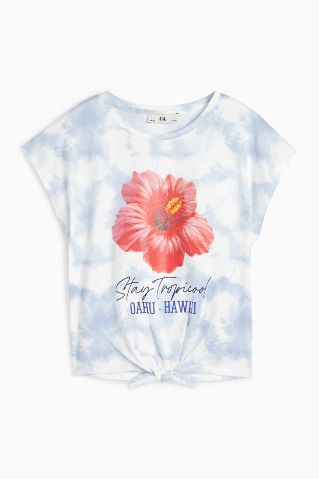 Kinder Mädchen - Blume - Kurzarmshirt mit Knotendetail - gemustert - hellblau
