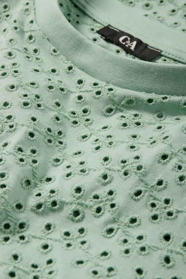 Women - T-shirt - relaxed fit - broderie anglaise - green