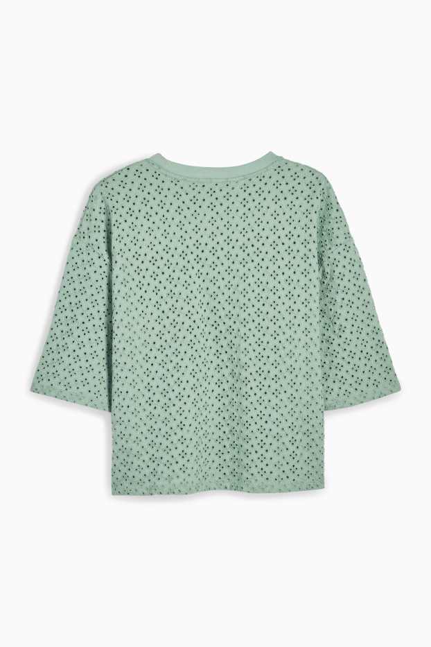 Women - T-shirt - relaxed fit - broderie anglaise - green