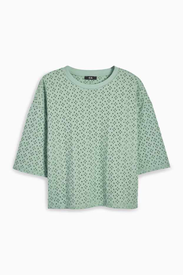 Women - T-shirt - relaxed fit - broderie anglaise - green