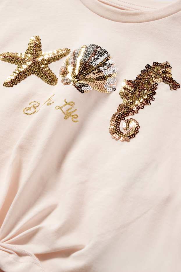 Kinder Mädchen - Meerestiere - Kurzarmshirt mit Knotendetail - Glanz-Effekt - rosa