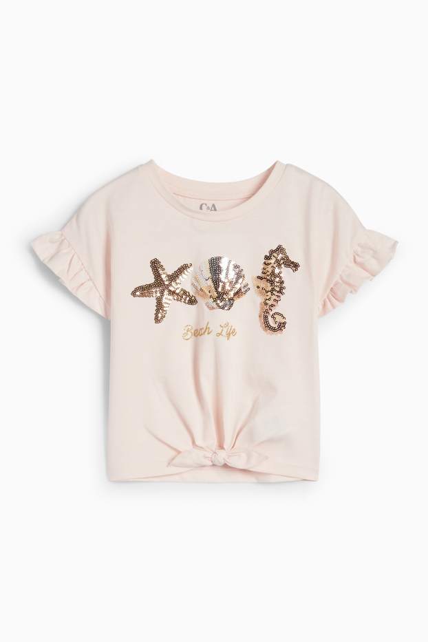 Kinder Mädchen - Meerestiere - Kurzarmshirt mit Knotendetail - Glanz-Effekt - rosa
