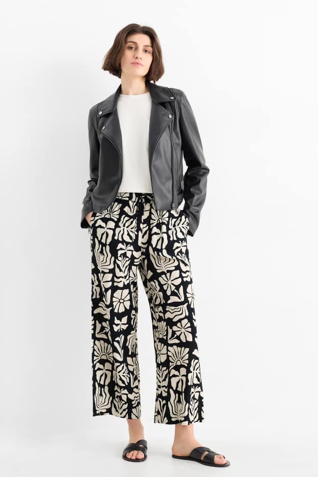 Femei - Pantaloni de stofă - talie înaltă - wide leg - cu model - structurați - negru / nej