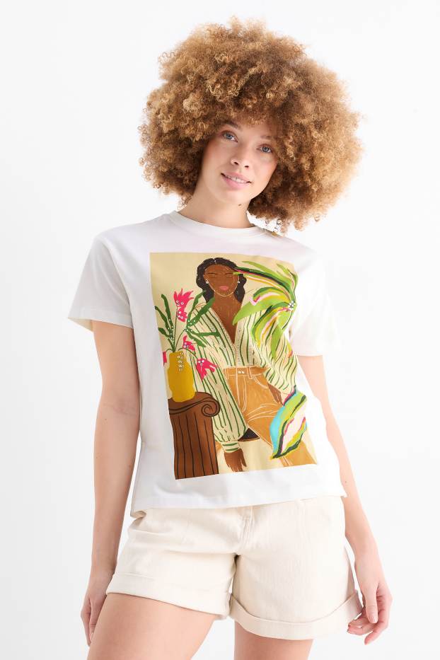 Dámské - Tričko se štrasovými kamínky - regular fit - bílá