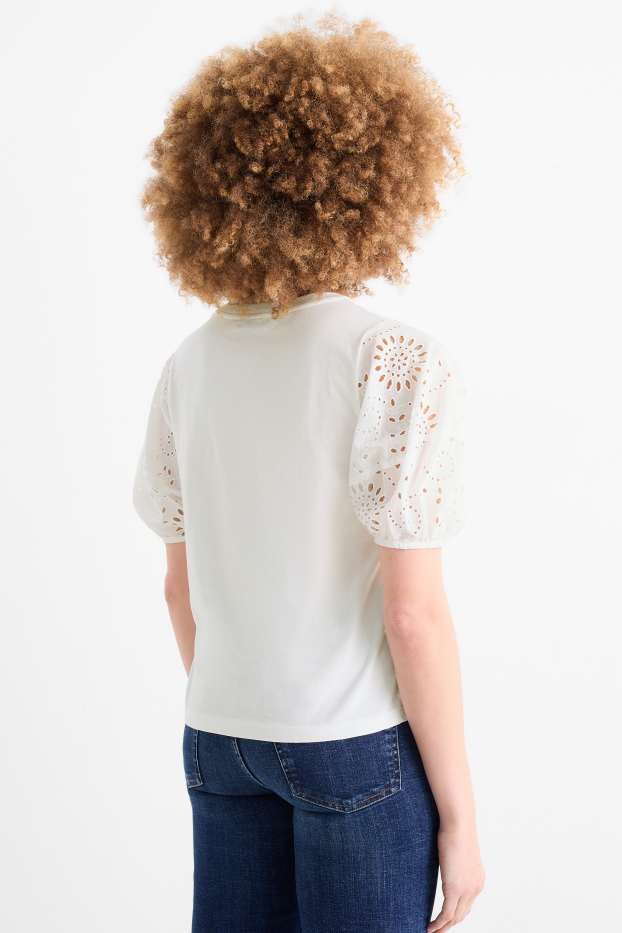 Donna - T-shirt - Broderie Anglaise - bianco