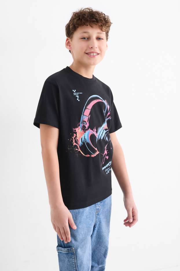 Kinder Buben - Kopfhörer - Kurzarmshirt - schwarz