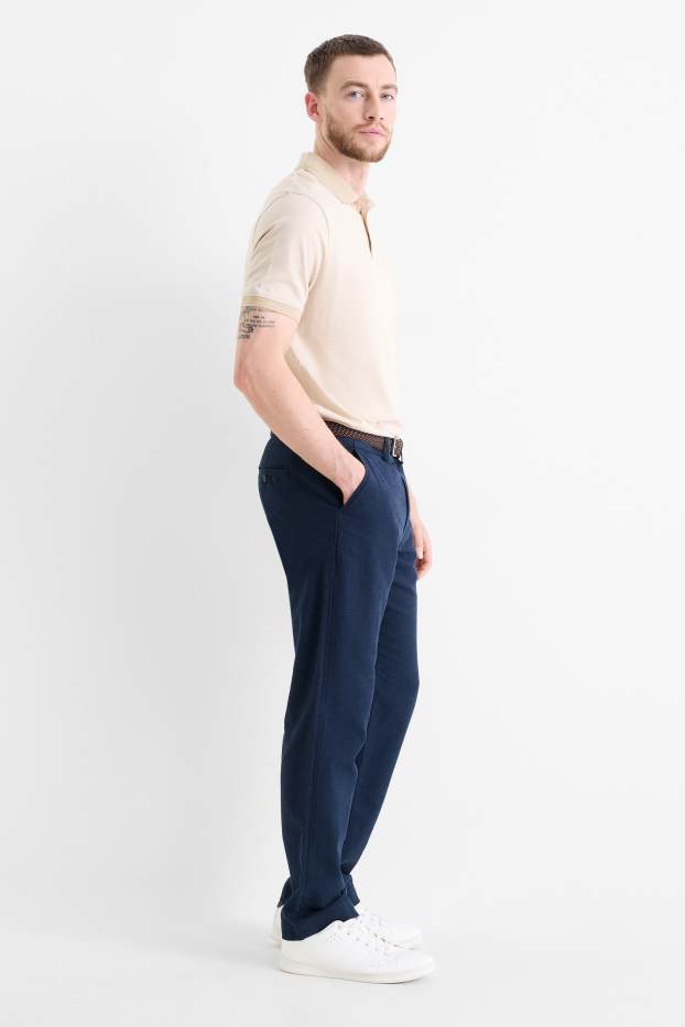 Heren - Chino, deels met linnen en met riem - regular fit - donkerblauw