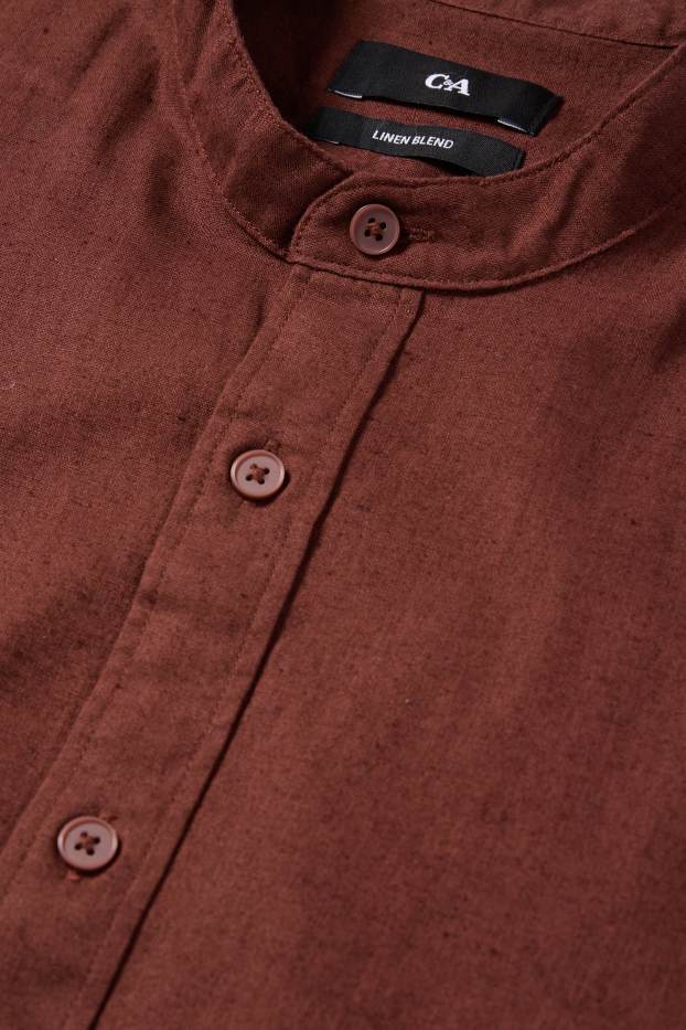 Bărbați - Cămașă - regular fit - guler drept - amestec de in - maro închis