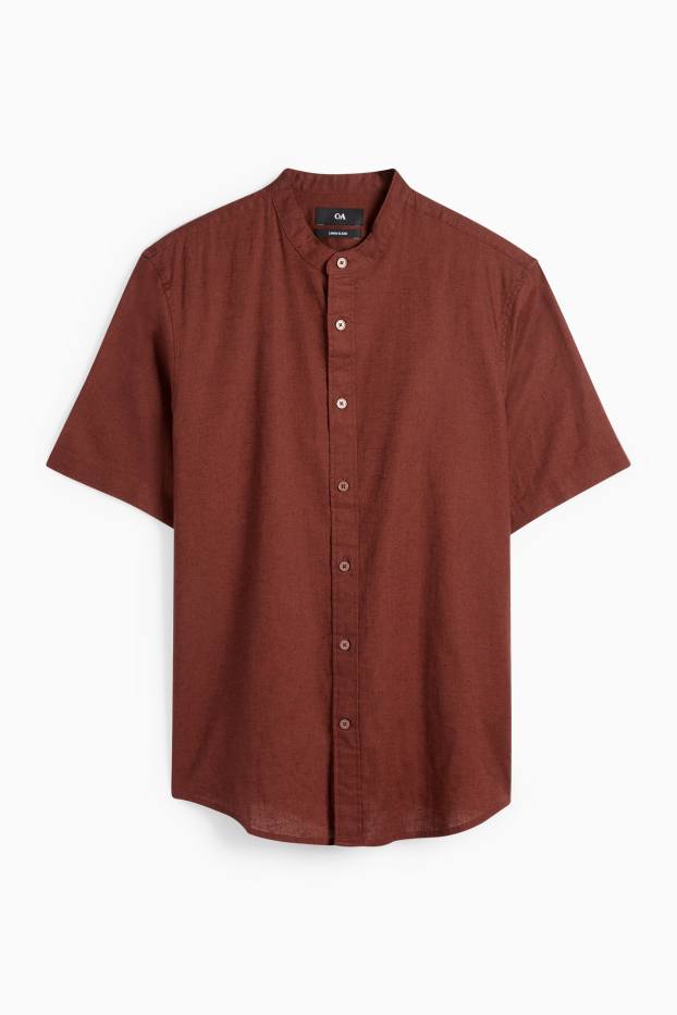 Bărbați - Cămașă - regular fit - guler drept - amestec de in - maro închis