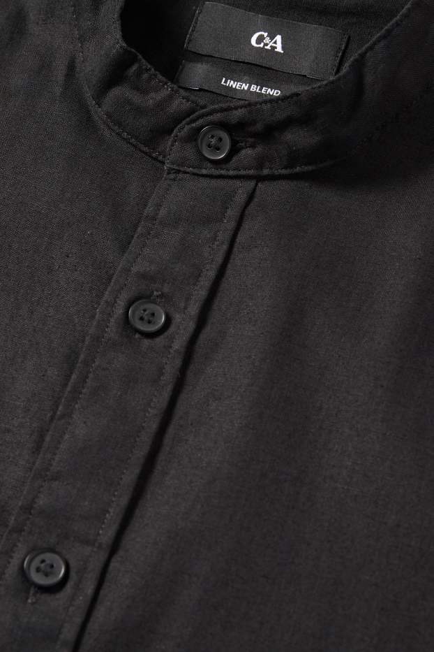 Herren - Hemd - Regular Fit - Stehkragen - Leinen-Mix - schwarz