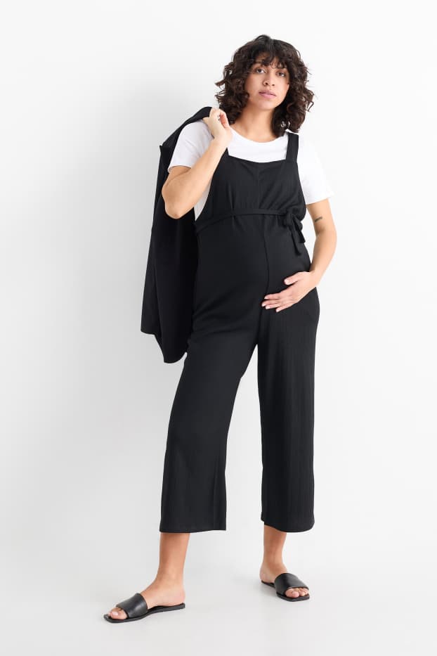 Donna - Set - t-shirt e salopette premaman - 2 pezzi - nero / bianco