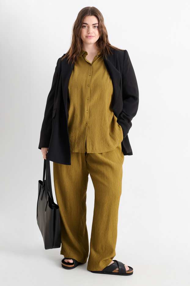 Damen - Stoffhose - Mid Waist - Wide Leg - strukturiert - khaki