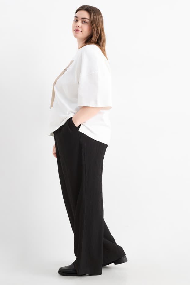 Donna - Pantaloni di stoffa - vita alta - gamba ampia - tessuto tramato - nero