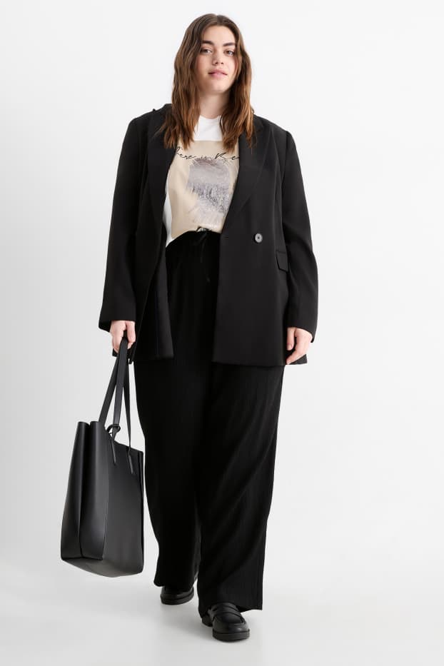 Donna - Pantaloni di stoffa - vita alta - gamba ampia - tessuto tramato - nero