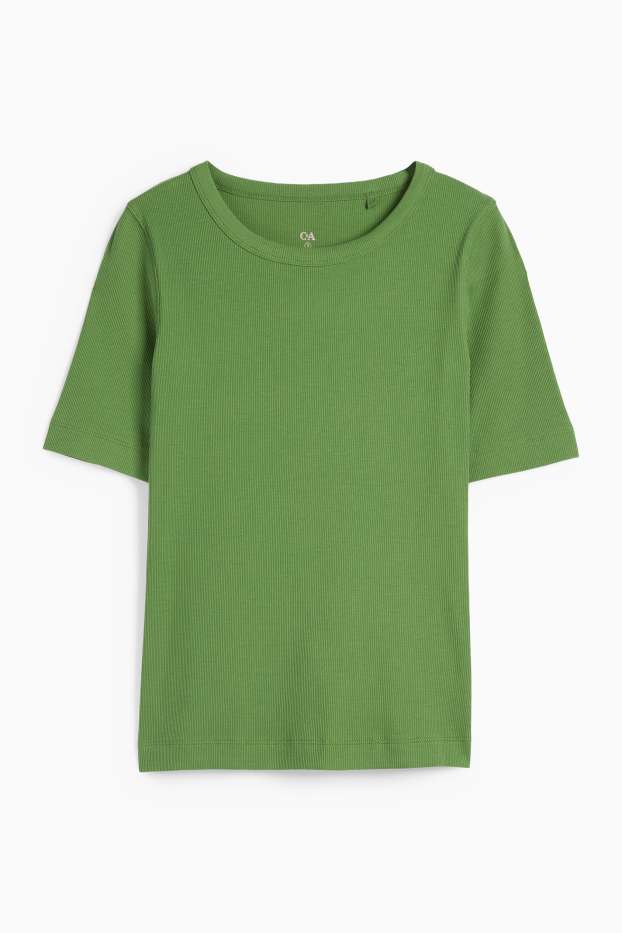 Kobiety - T-shirt basic - slim fit - w prążki - zielony