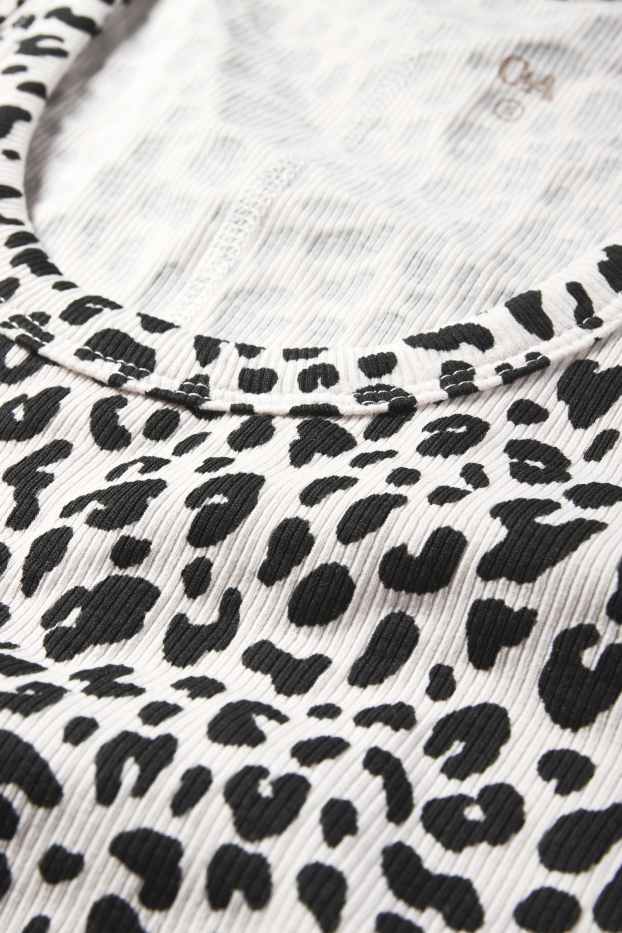 Dames - Basic top - luipaardvelprint - ribstof - zwart / wit