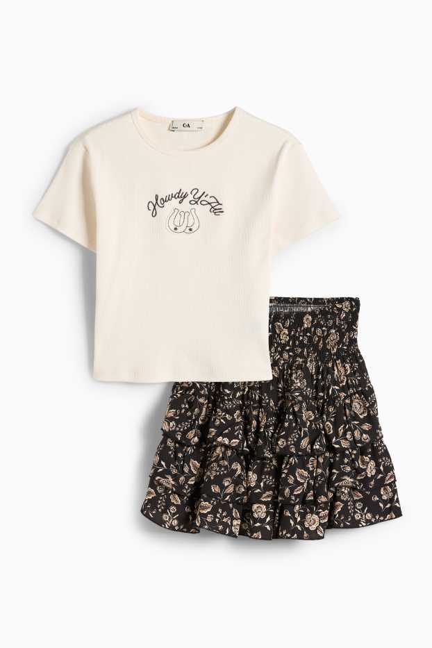 Nena - Flor i ferradura - conjunt - samarreta de màniga curta i faldilla - 2 peces - marró / blanc trencat