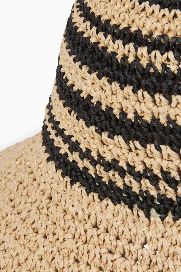 Damen - Stroh-Hut - gestreift - schwarz / beige
