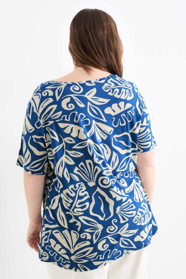 Dona - Samarreta de mànigues curtes amb el coll en punta - Stretch - estampada - blau/crema