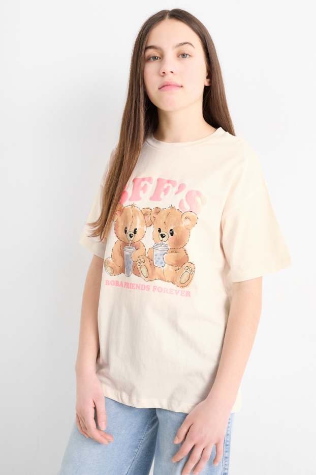 Children Girls - Teddy bear - short sleeve T-shirt - cremewhite
