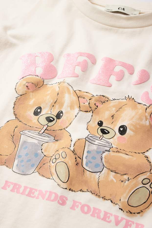 Children Girls - Teddy bear - short sleeve T-shirt - cremewhite