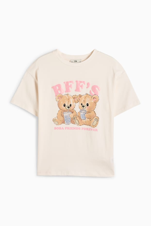 Children Girls - Teddy bear - short sleeve T-shirt - cremewhite
