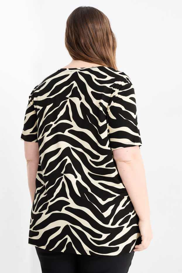 Dames - T-shirt met V-hals - met patroon - zwart / beige