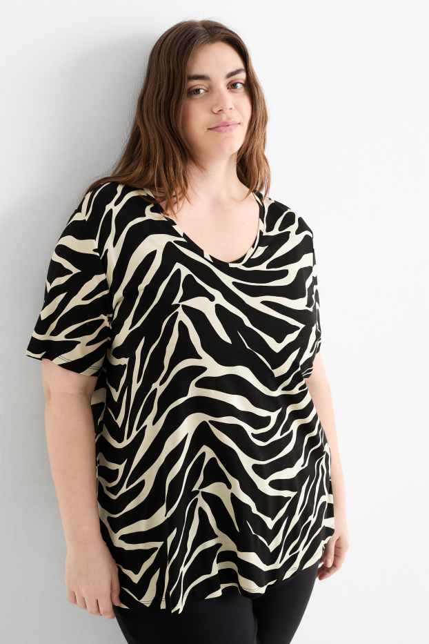 Dames - T-shirt met V-hals - met patroon - zwart / beige