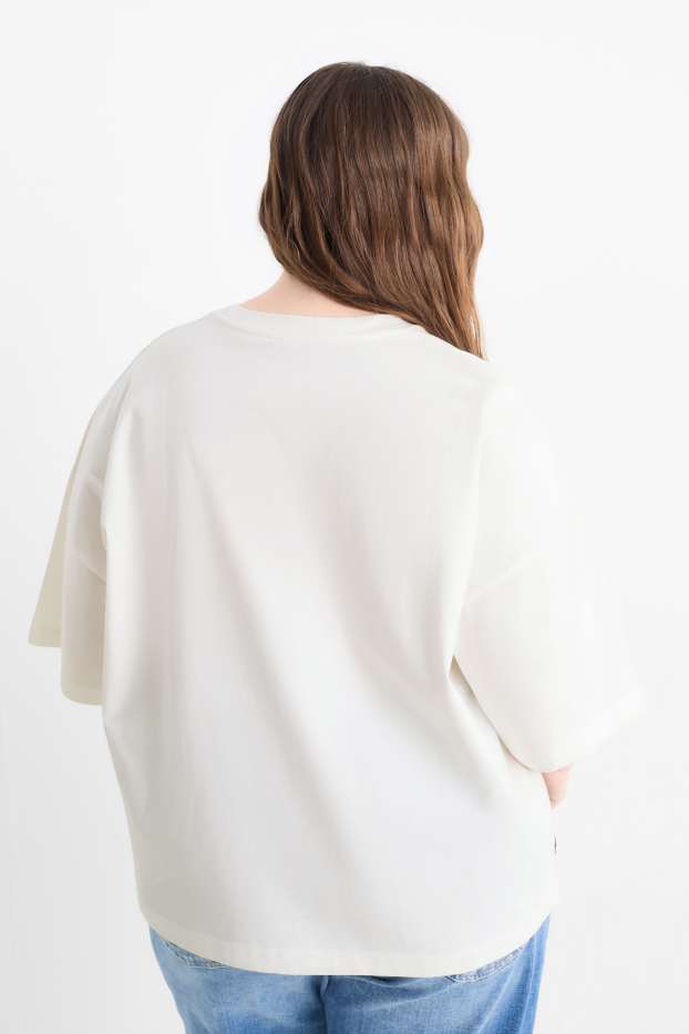 Dámské - Tričko se štrasovými kamínky - oversized - bílá