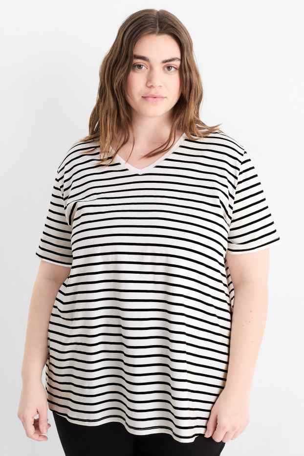 Kobiety - T-shirt z dekoltem w serek - LYCRA® - w paski - czarny / biały