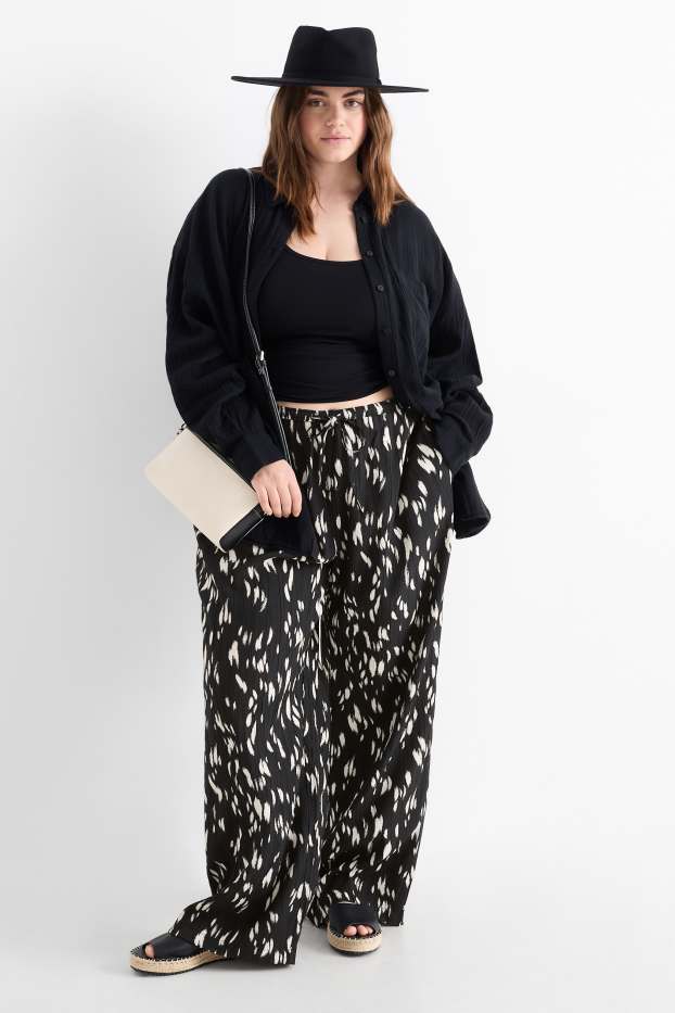 Femmes - Pantalon de toile - high waist - wide leg - à motif - noir
