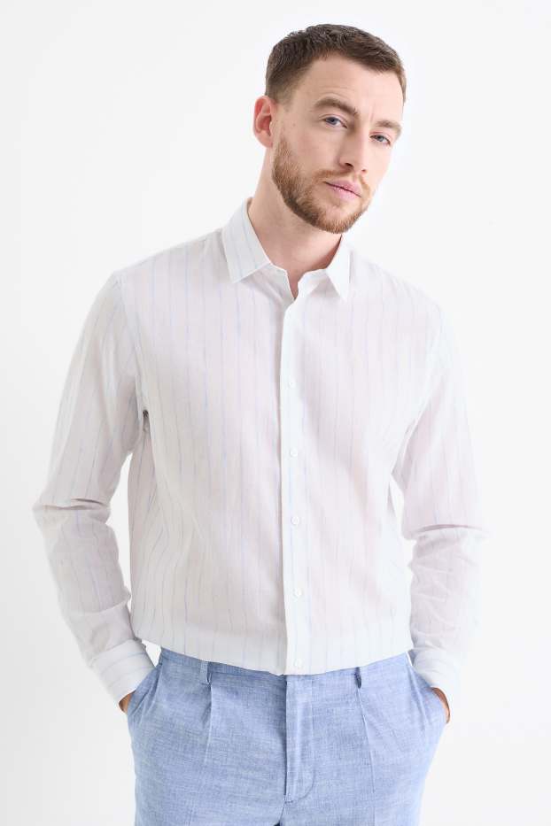 Herren - Businesshemd mit Leinen-Anteil - Regular Fit - Kent - weiß / hellblau