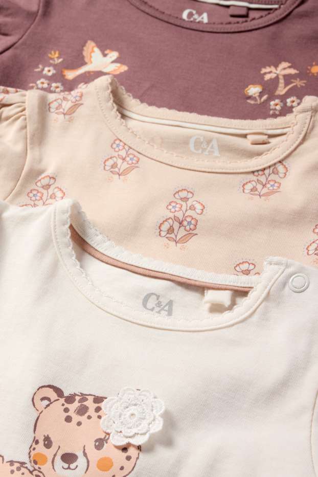 Baby: meisjes - Set van 3 - bloemetjes en wilde dieren - baby-T-shirt - roze