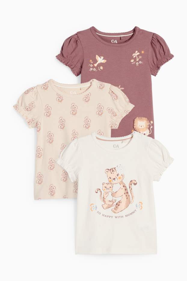 Baby: meisjes - Set van 3 - bloemetjes en wilde dieren - baby-T-shirt - roze