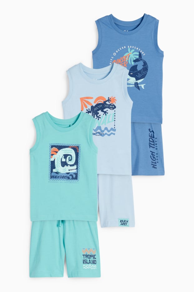Kinder Buben - Multipack 3er - Gecko, Krokodil und Hai - Shorty-Pyjama - blau