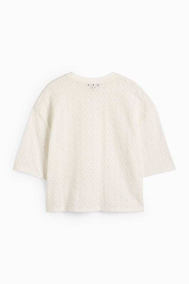 Dames - T-shirt - relaxed fit - broderie Anglaise - wit
